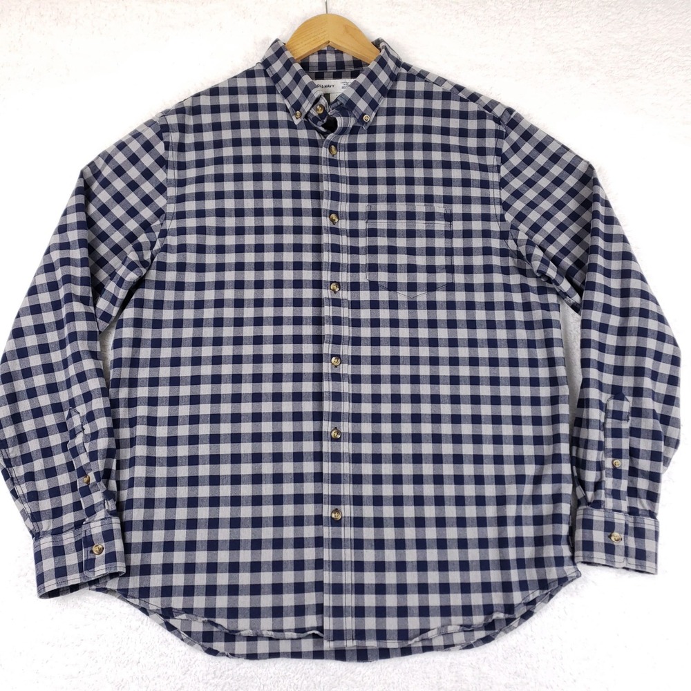 Old Navy Mens Regular Fit Built-In Flex Oxford Gingham Shirt Navy Blue Grey L